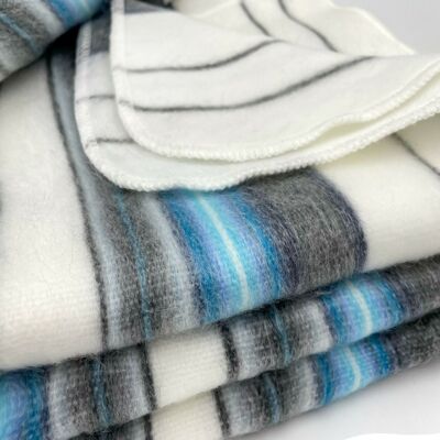 Soft & Warm Baby Alpaca Wool Throw Blanket / Sofa Cover - Queen 90" x 65" - white blue grey thin stripes pattern