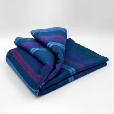 Tamboloma - Baby Alpaca Wool Throw Blanket / Sofa Cover - Queen 90" x 67" - multi colored stripes pattern deep blue purple