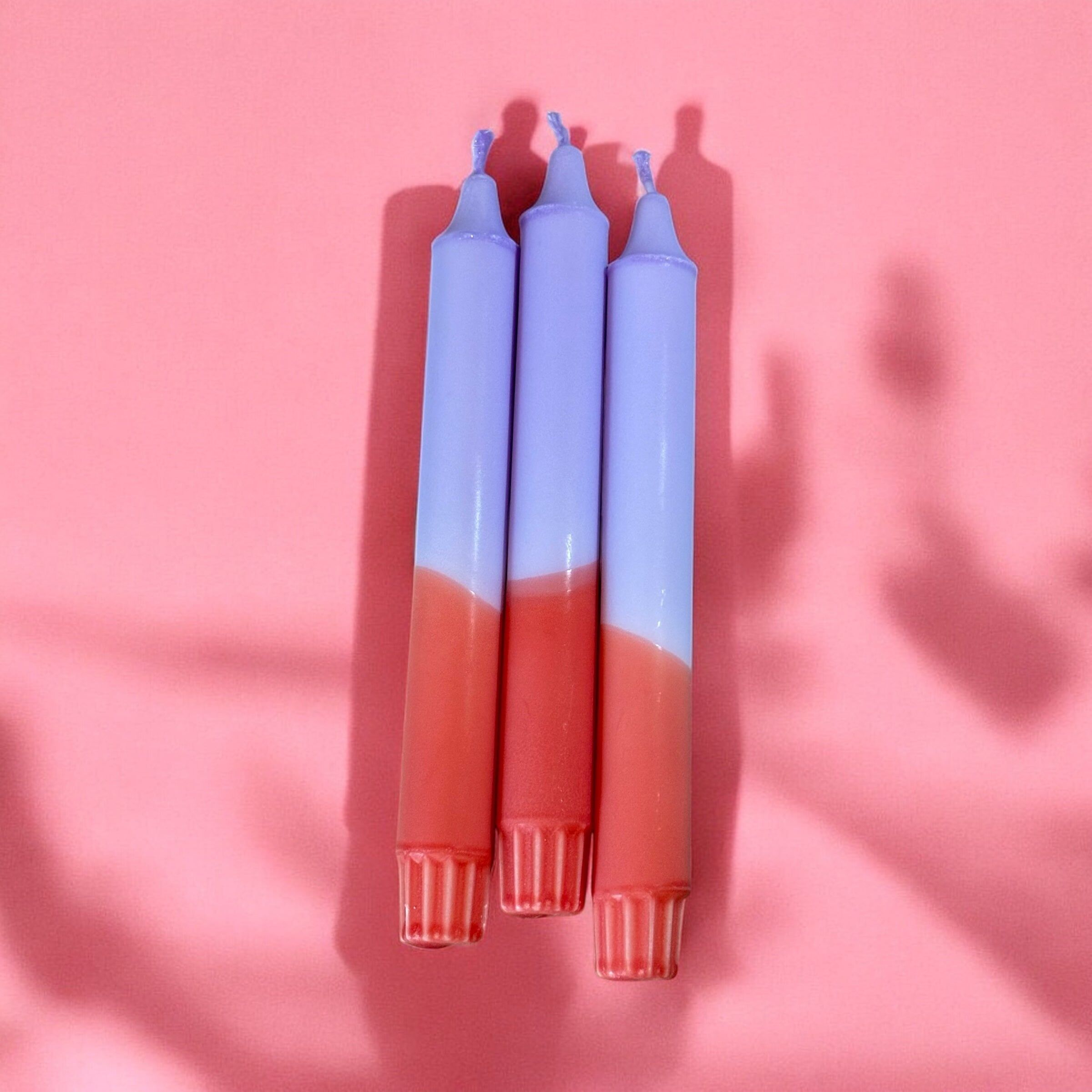 Sunset Sorbet Stearin Candles – Handcrafted Lavender & Coral Taper Candles – Playful Pastel Decor – Available in 3, 5, 10, 15 or 20-Pack