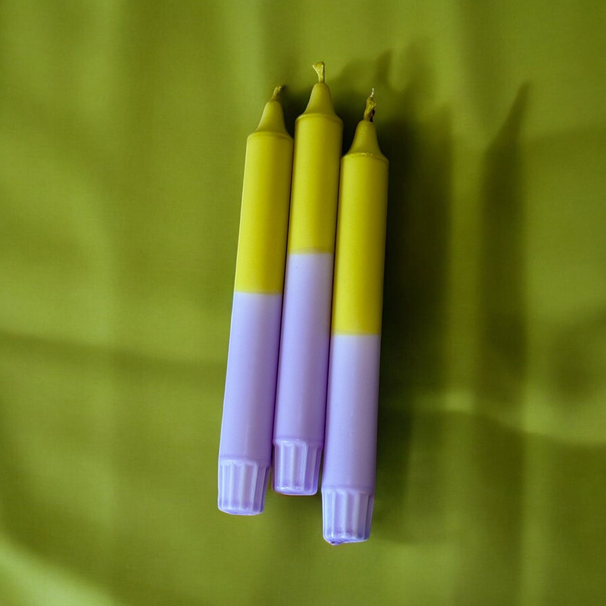 Olive Bloom Stearin Candles – Handcrafted Olive Green & Light Purple Taper Candles – Botanical Pastel Decor – Available in 3, 5, 10, 15 or 20-Pack