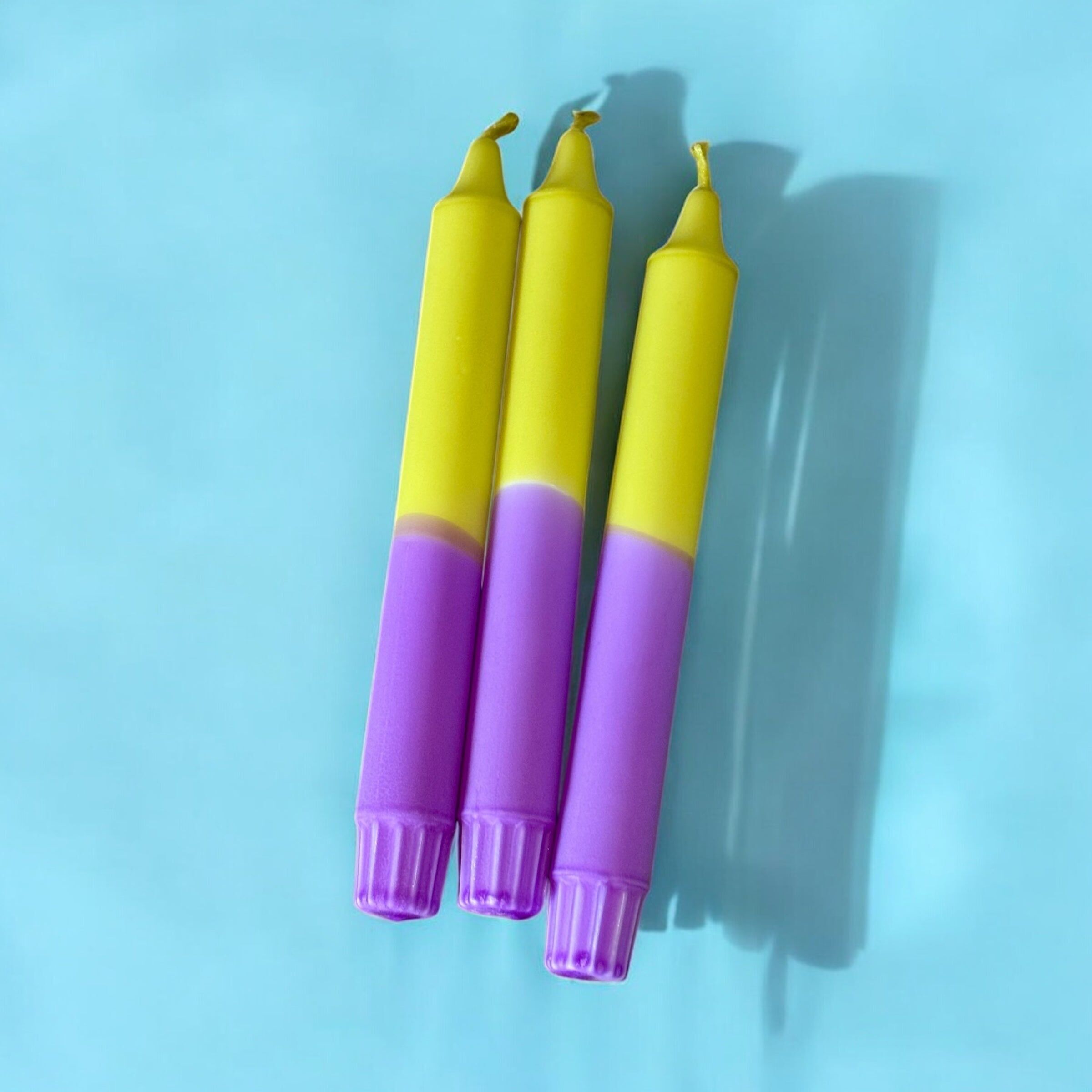 Candy Pop Stearin Candles – Handcrafted Yellow & Purple Taper Candles – Bold & Bright Table Decor – Available in 3, 5, 10, 15 or 20-Pack