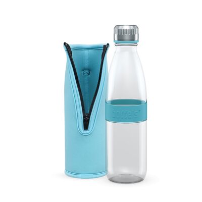 Botella para beber DREE 650ml vidrio borosilicato azul turquesa, PP, acero inoxidable, silicona, neopreno