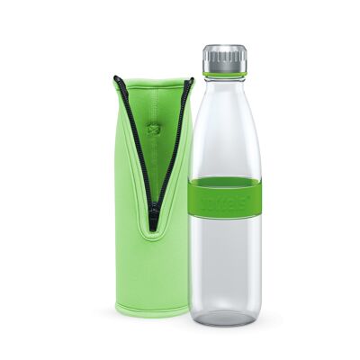 Botella para beber DREE 650ml vidrio borosilicato verde manzana, PP, acero inoxidable, silicona, neopreno