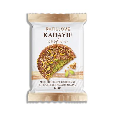 Galleta de chocolate con leche, relleno de pistacho y kadayif