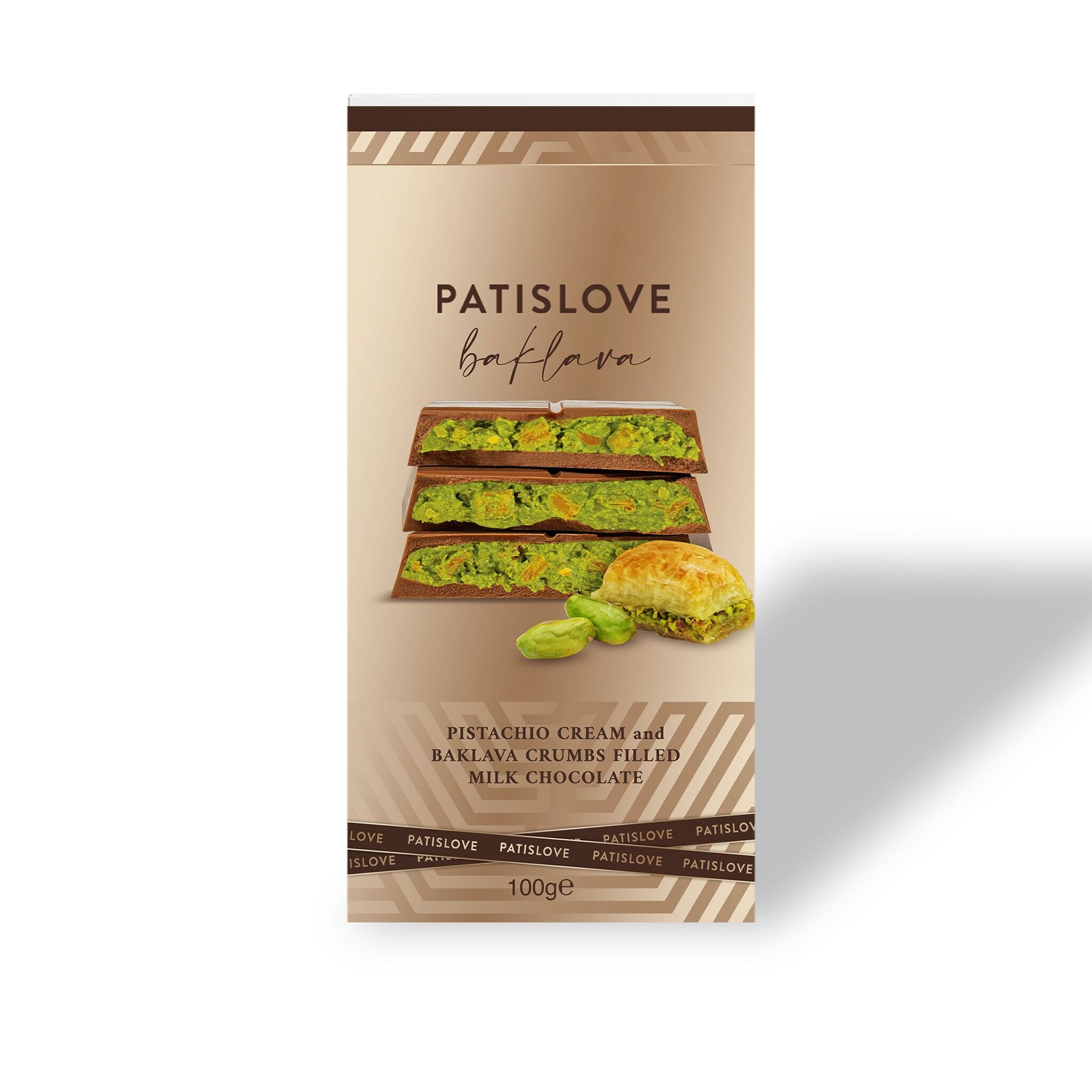 Crema al pistacchio e briciole di baklava ripiene di cioccolato al latte