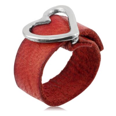 Bague cuir coeur rouge plaqué argent 925