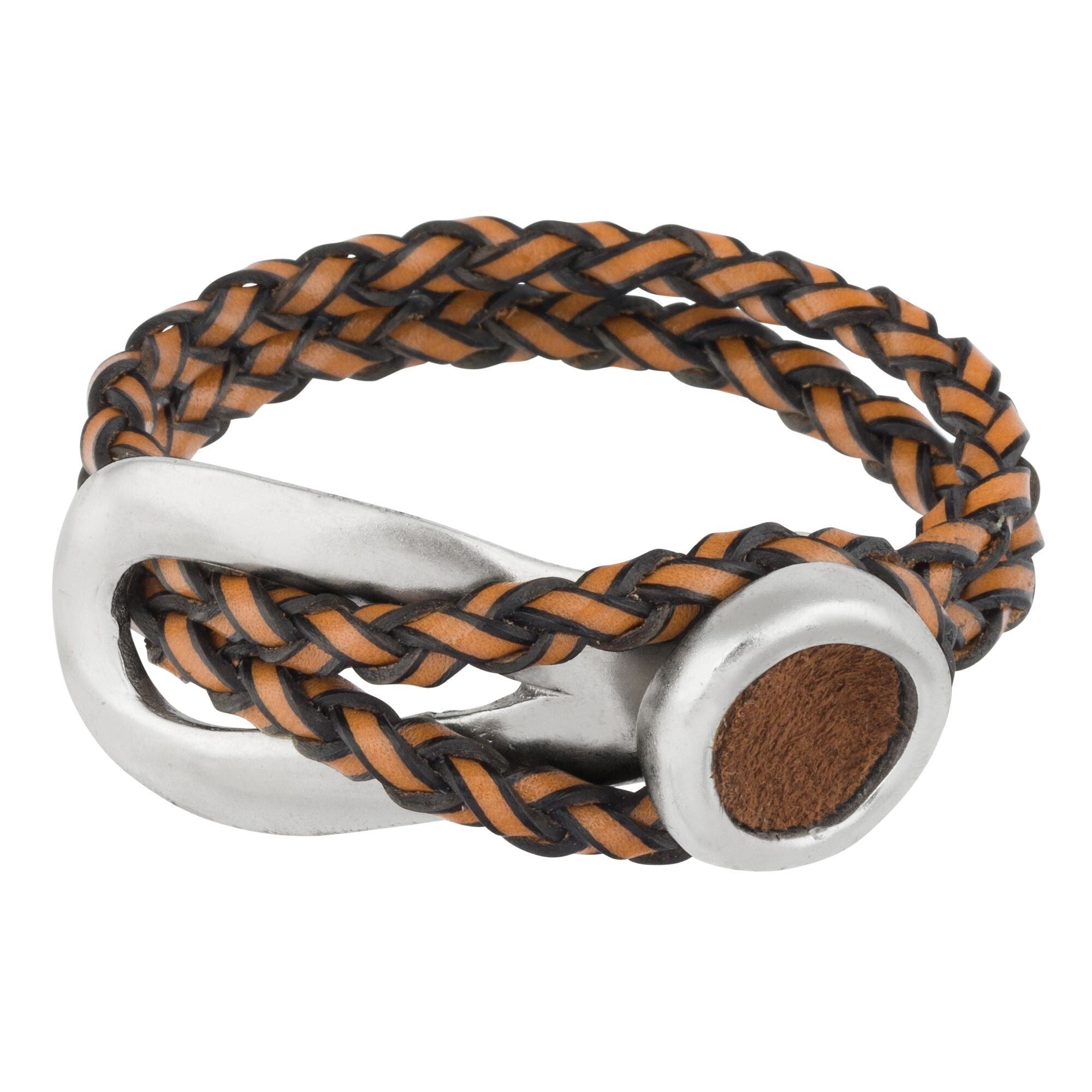 Doppeltes braunes Rolo-Lederarmband aus silbernem Zamak