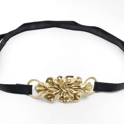 Cinturón piel Gloria Mago negro y dorado ajustable metal chapado "calas" largo 110