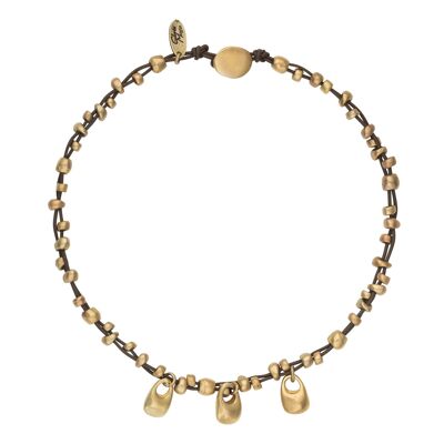 Collana in pelle con pendenti a goccia dorati, lunga 40cm