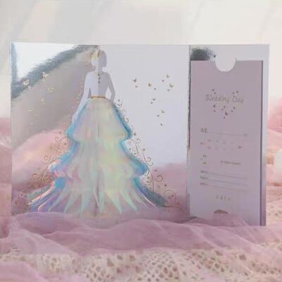 Tarjeta de boda 3D: Diseño de dama radiante con vestido de novia