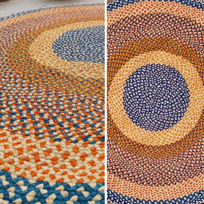 Tapis en raphia naturel, bleu et orange – 200 cm