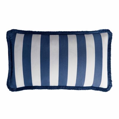 Striped Outdoor and Indoor Happy Pillow With Fringes Blue and White