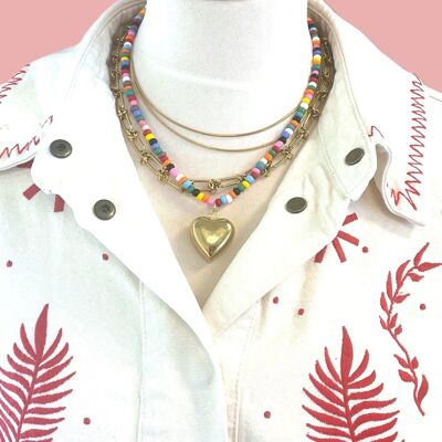 Collar multicolor gran corazón dorado