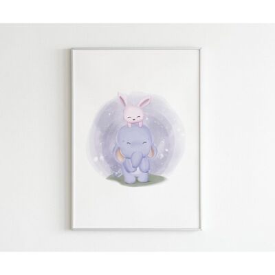 Affiche Aquarelle Éléphant Lapin - Carré (20 x 20 cm)