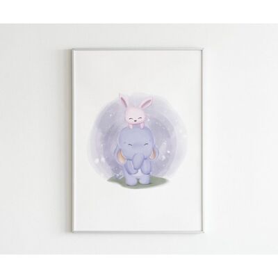 Poster Watercolor Elephant Rabbit - Square (20 x 20 cm)