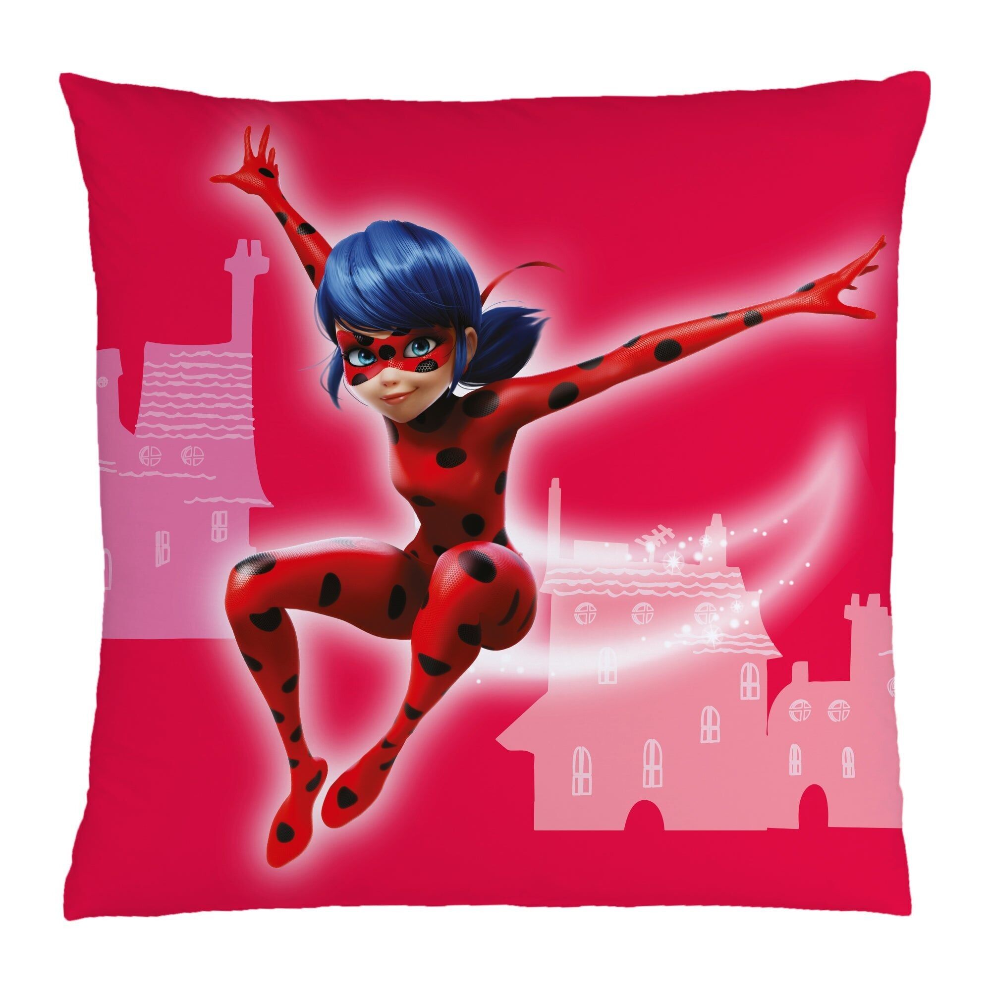 Coussin Forme Miraculous Ladybug Et Chat Noir Sur Fond Rouge Avec La Tour Eiffel 5407007981151