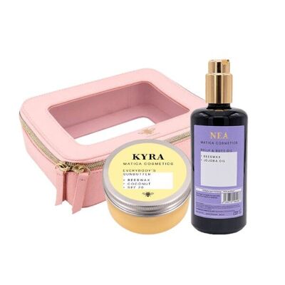 Coffret de voyage cosmétique naturel – après-soleil SPF 20, huile de soin et trousse de maquillage