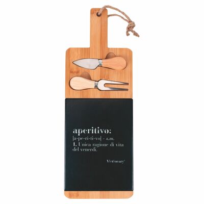 Ensemble planche à découper et 2 couteaux à fromage, bois de bambou et céramique, 15x42 cm, Victionary