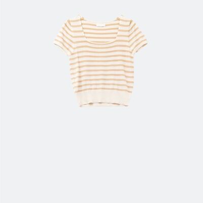 Pull rayé à col carré en beige et camel