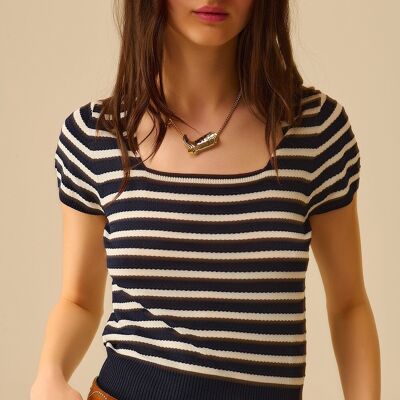 Maglione a righe con scollo quadrato in blu navy e bianco