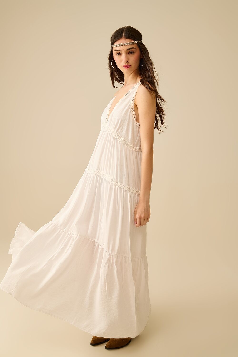 White Maxi Dress With Lace Details and boho style
