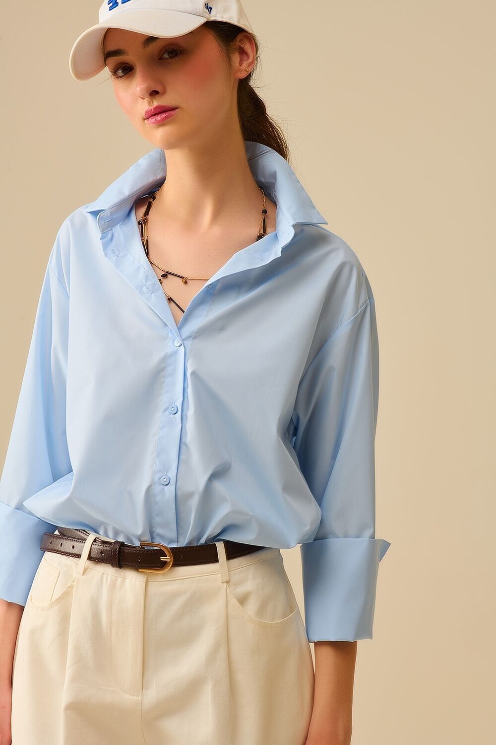 Blue poplin shirt with extra-wide cuffs
