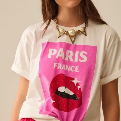 T-shirt bianca rilassata con stampa labbra realizzata in Italia