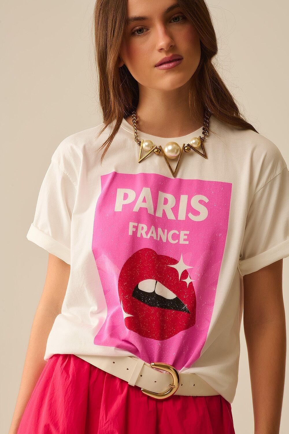 Weißes, lässiges T-Shirt mit Lippendruck, hergestellt in Italien