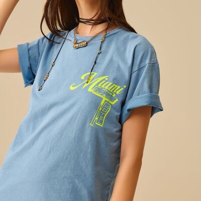 blue T-shirt with Miami logo print in yellow