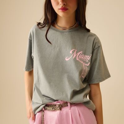 T-shirt gris avec imprimé logo Miami en rose