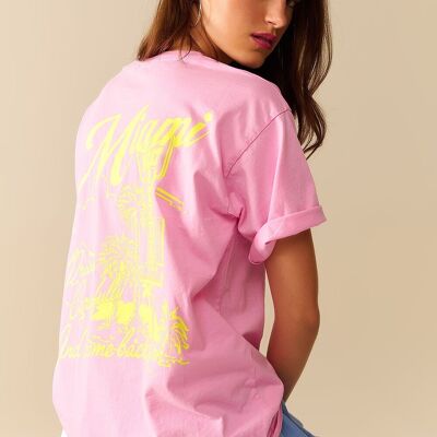 pink T-shirt with Miami logo print in yellow