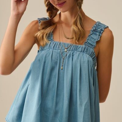 Top in tessuto Tencel con spalline arricciate in blu