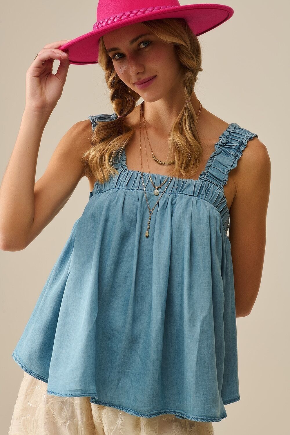 Tencel fabric Top with Rouched Straps in Blue