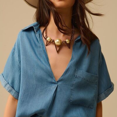 Camicia in tencel a maniche corte con tasca sul petto, blu