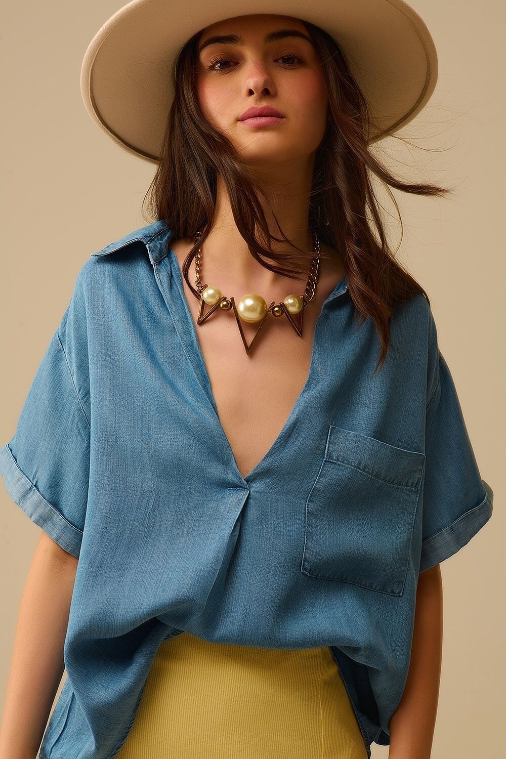 Short Sleeve Tencel Shirt With Chest Pocket in Blue