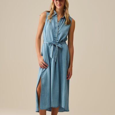 Sleeveless tencel fabric shirt dress in Blue