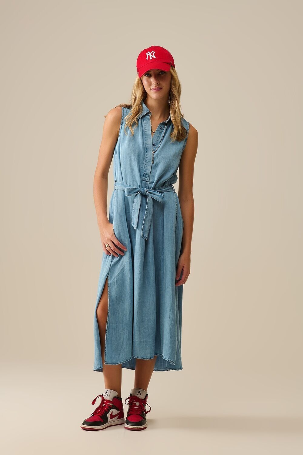 Sleeveless tencel fabric shirt dress in Blue