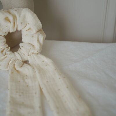 Lina Ribbon Scrunchie in Ecru with Gold Polka Dots