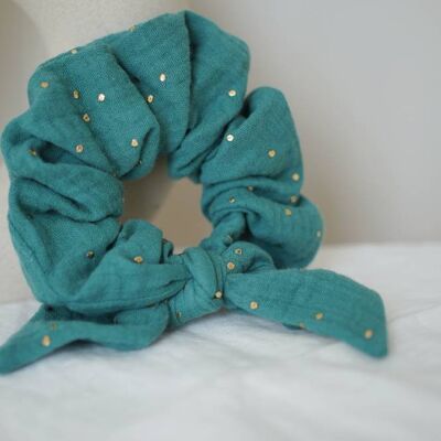 Ivy Green Blue Bow Scrunchie with Gold Polka Dots