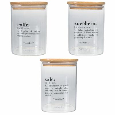 Set 3 barattoli 1 L sale, zucchero e caffè in vetro, coperchio in bambù, Victionary