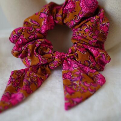 Pink and Ochre Dahlia Bow Scrunchie