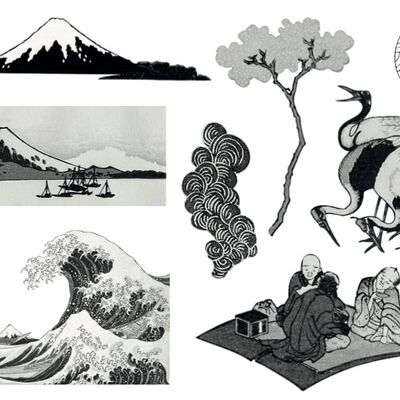 2 Bögen temporäre Tattoos – Hokusai und Japonismus