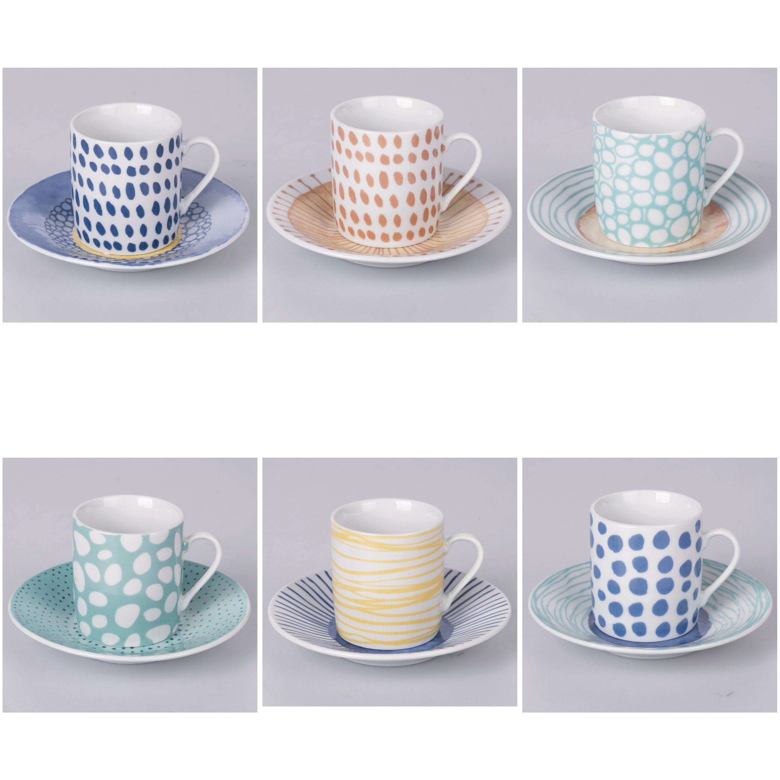 Set 6 tazzine 90 ml con piattino in porcellana, Marea