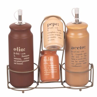 Oil, vinegar, salt and pepper set in stoneware, stainless steel stand, Victionary Chocolate