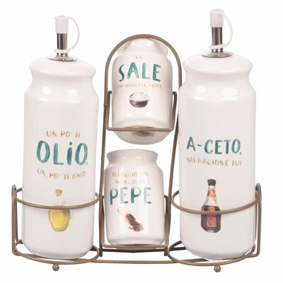 Oil, vinegar, salt and pepper set in stoneware, stainless steel stand, Le Travisate