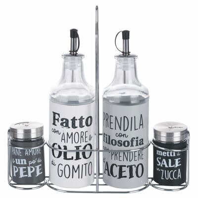 Set condimento olio, aceto, sale e pepe in vetro e acciaio inox, stand in ferro, grigio, Idee