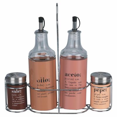 Set condimento olio, aceto, sale e pepe in vetro e acciaio inox, stand in acciaio, Victionary Chocolate