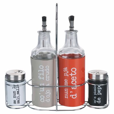 Oil, vinegar, salt and pepper condiment set in glass and stainless steel, iron stand, S.P.Q.eRe