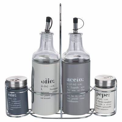 Glass and stainless steel oil, vinegar, salt and pepper seasoning set, steel stand, Victionary Stone