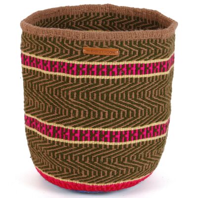 SIMU : Grand panier en laine kaki, rose et jaune